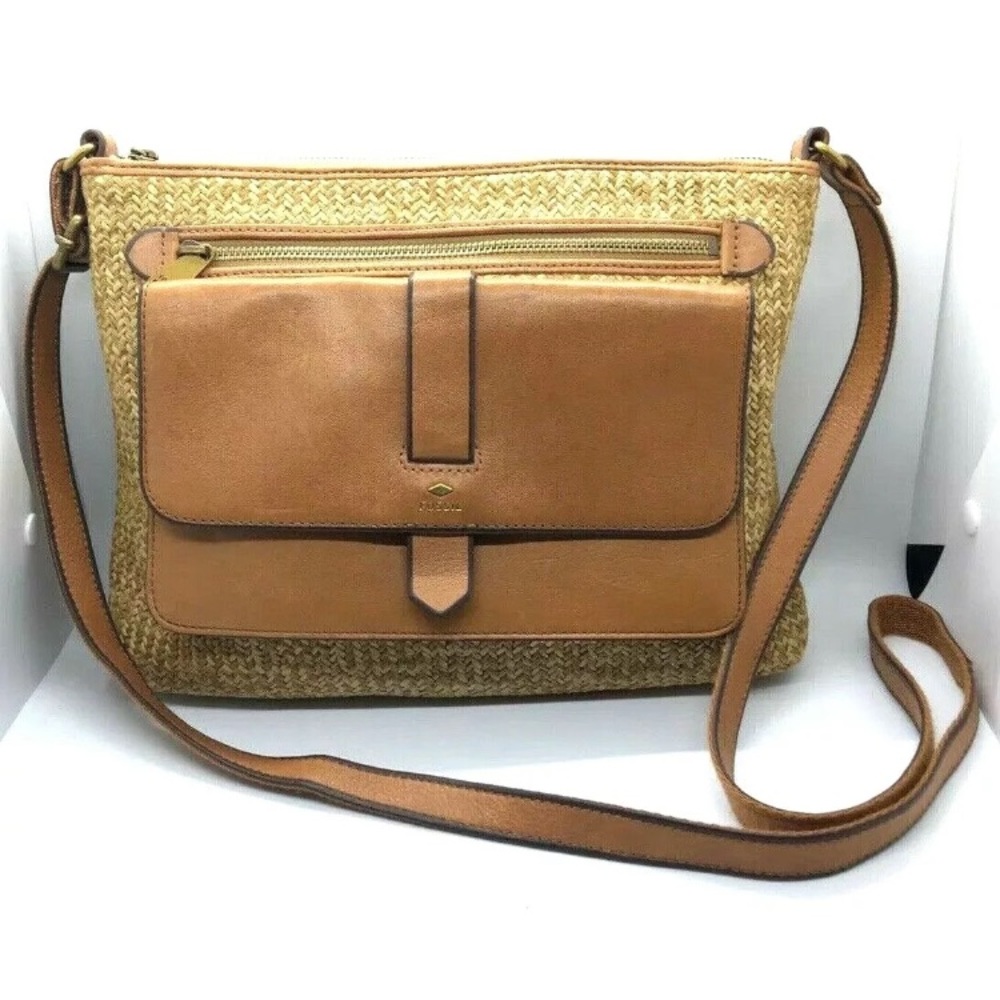 Fossil Medium Kinley Leather/Straw Crossbody Bag